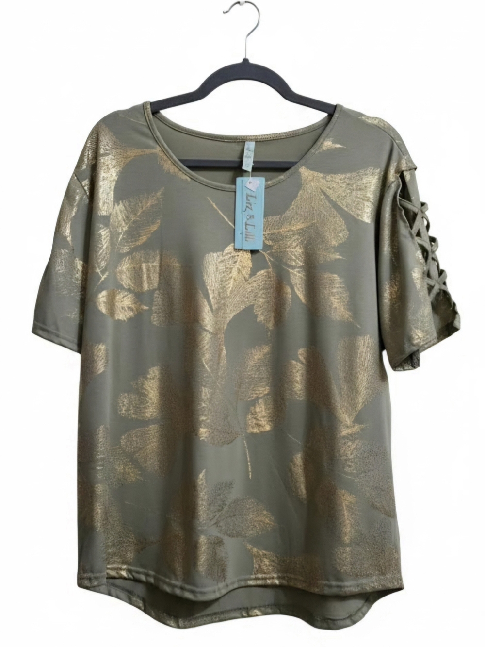 Olive Green Metallic Leaf Print Short Sleeve Top with Lace-Up Detail